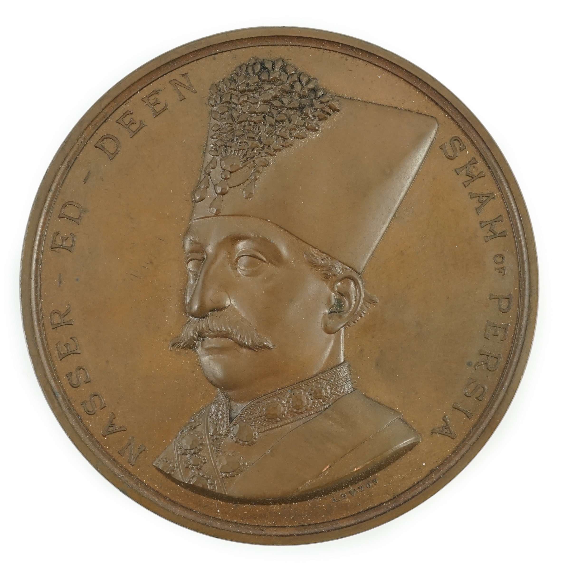 British commemorative medals – Victorian bronze medal marking the Visit of Nasser Ed Deen ‘Shah of Persia’ to London 1873, by A.B. Wyon, leather case